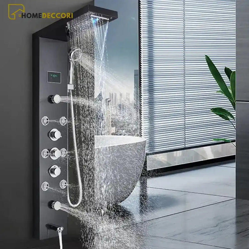 Ducha Vertical Com Hidro Cascata Led Inox Aquarelax Preto Escovado / Á Pronta Entrega Spa