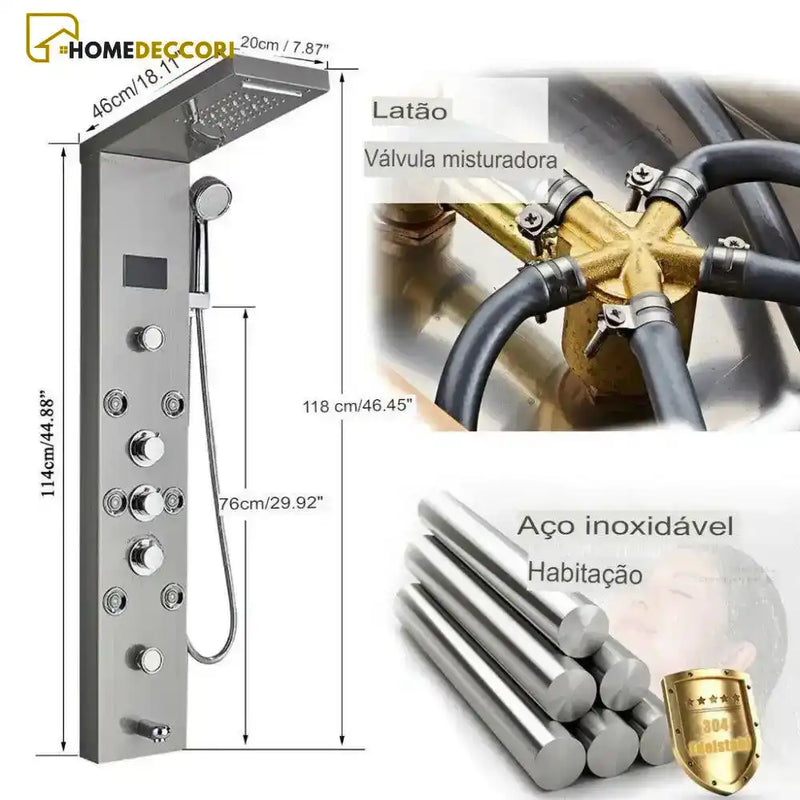 Ducha Vertical Spa Hidromassagem Cascata Led Display Digital Inox AquaRelax - Homedeccori