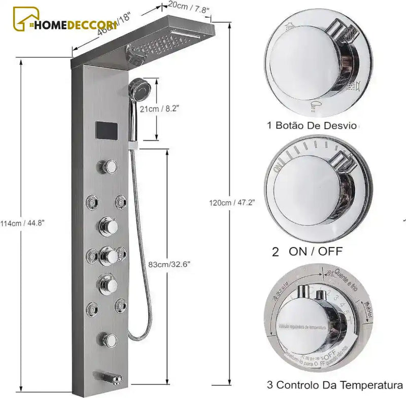 Ducha Vertical Spa Hidromassagem Cascata Led Display Digital Inox AquaRelax - Homedeccori