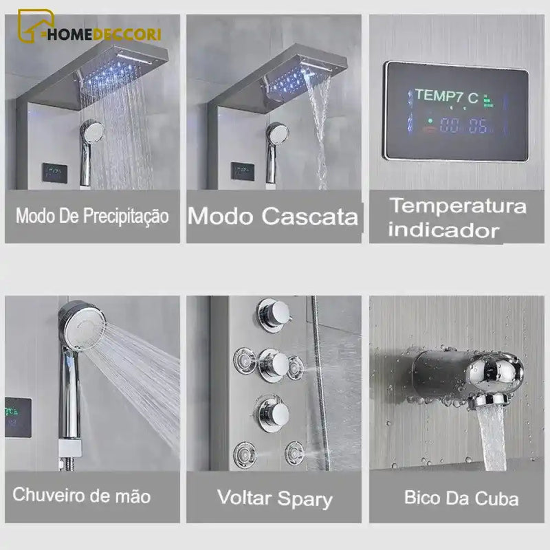 Ducha Vertical Spa Hidromassagem Cascata Led Display Digital Inox AquaRelax - Homedeccori