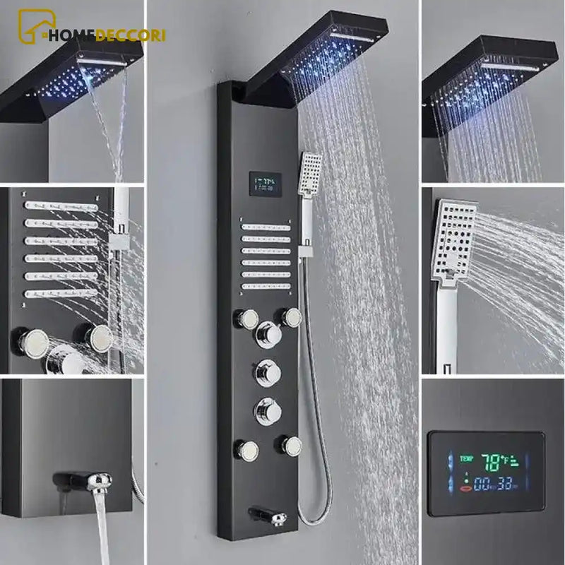 ducha vertical de hidromassagem preto escovado led cascata