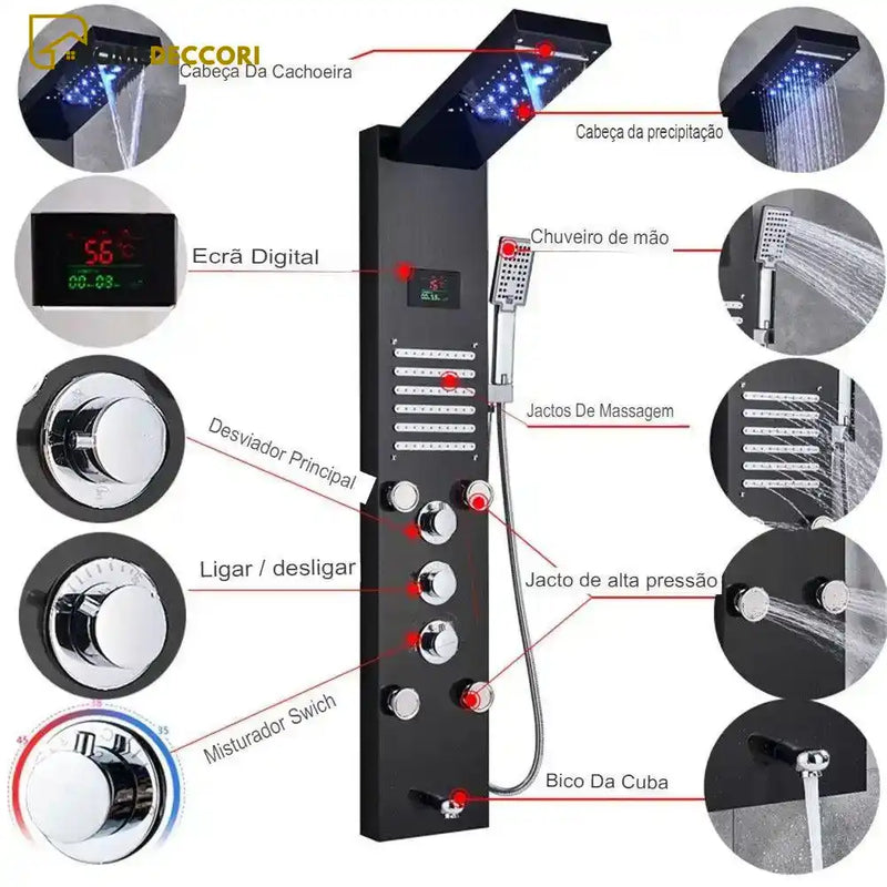 Ducha Vertical Spa Line Hidromassagem Cascata Led Display Digital Inox - Homedeccori