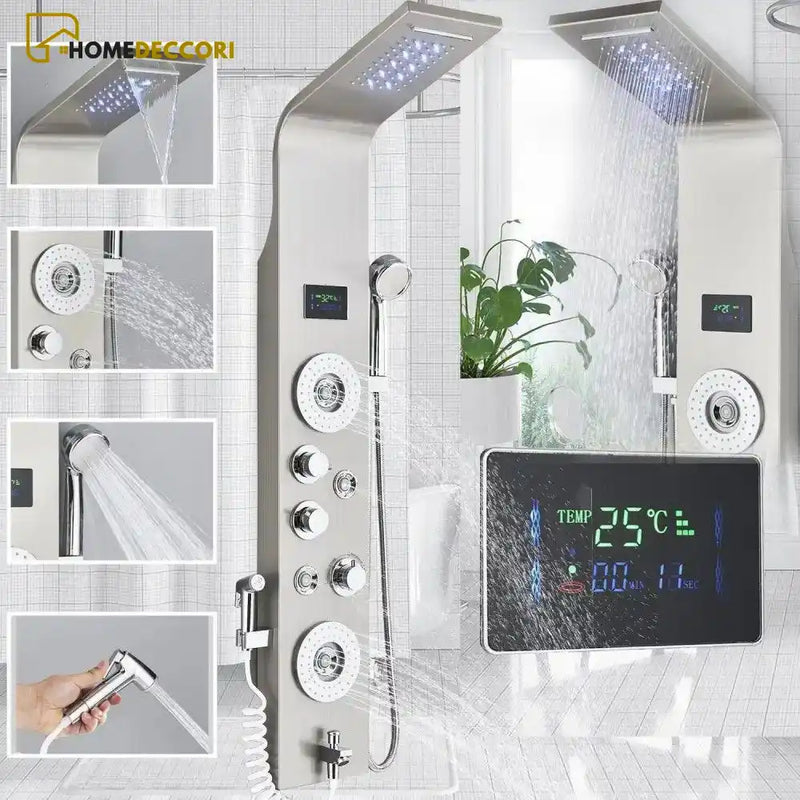 Ducha Vertical Spa SlimFlow Hidromassagem Cascata Led Display Digital Inox - Homedeccori