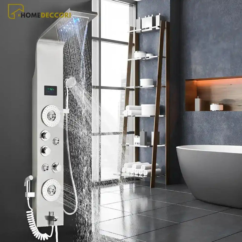 Ducha Vertical Com Hidro Cascata Led Visor Inox Spa Slimflow Aço Escovado / Á Pronta Entrega