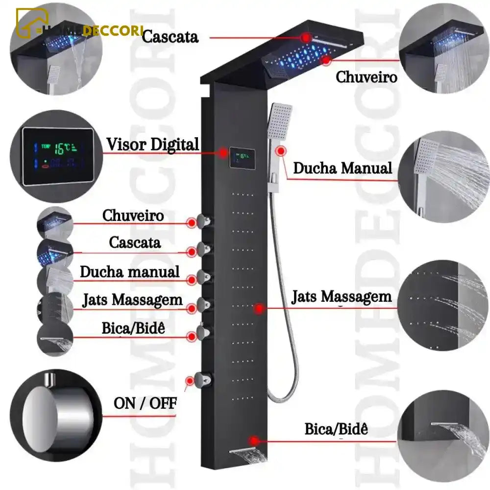 Ducha Vertical Spa Infinity Hidromassagem Cascata Led Display Digital Inox - Homedeccori