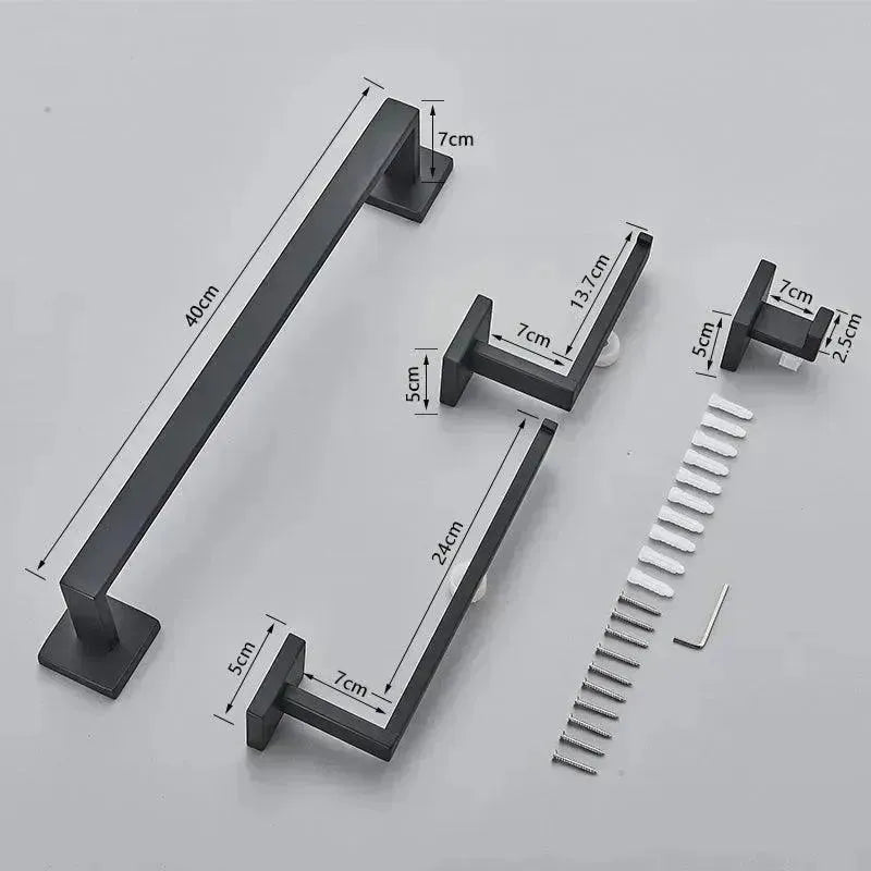 Kit de acessórios para banheiro Shine em inox 304 preto fosco com dimensões detalhadas.