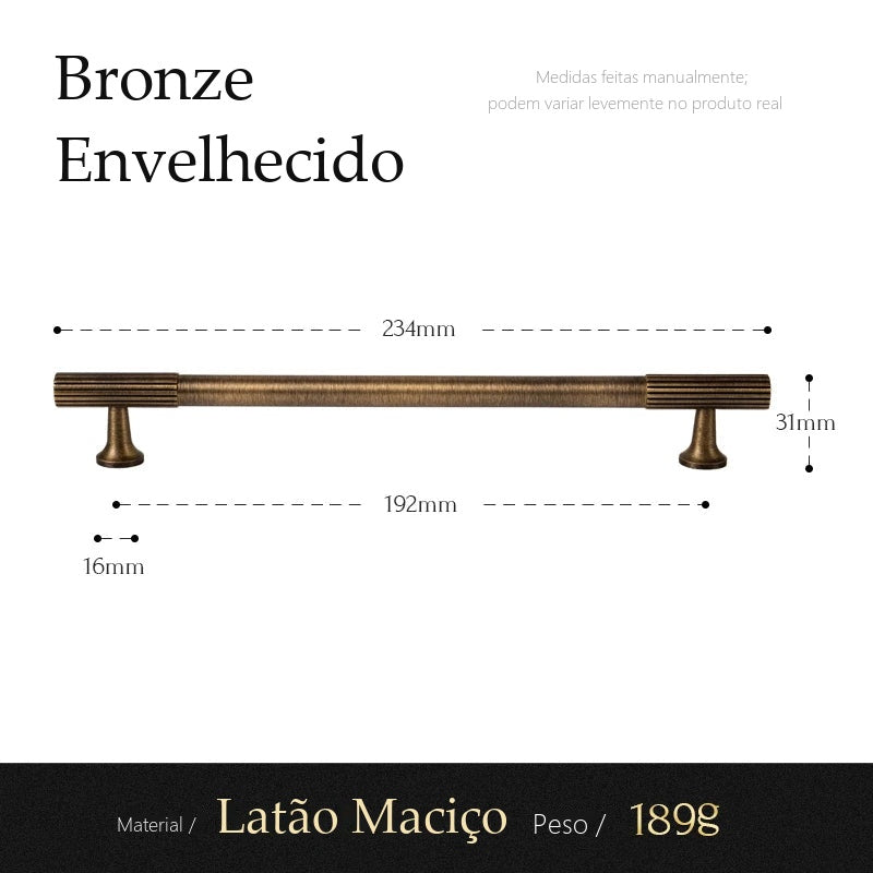 Puxador Amelia Bronze Envelhecido Alça 192 mm - medidas
