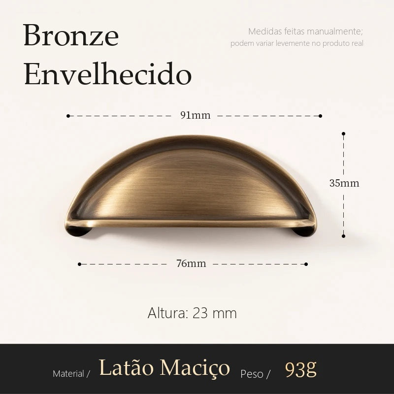 Puxador Noto Bronze Envelhecido Concha 76 mm - medidas