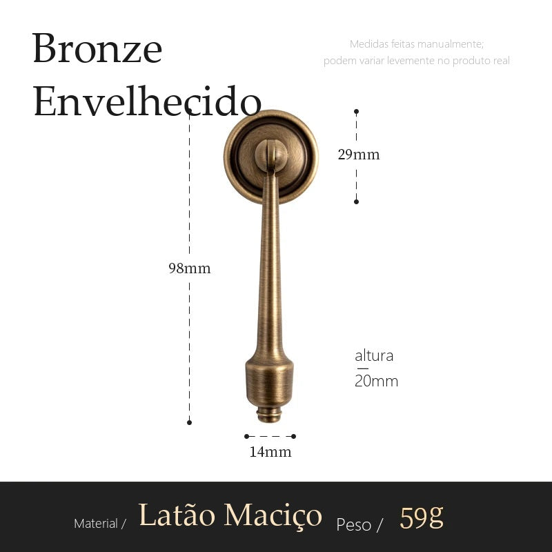Puxador Noto Bronze Envelhecido Pingente 98 mm - medidas