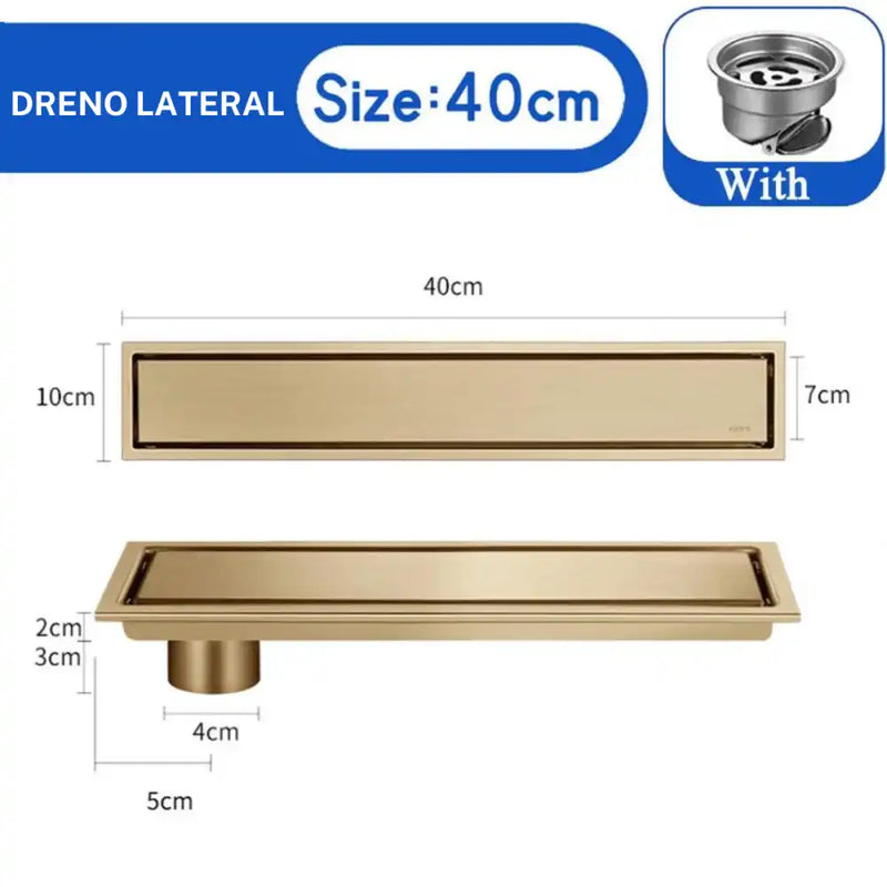 A Fazer Ralo De Piso Oculto Linear Inox Completo Mirage Ouro Escovado/40Cm Dreno Lateral / Entrega