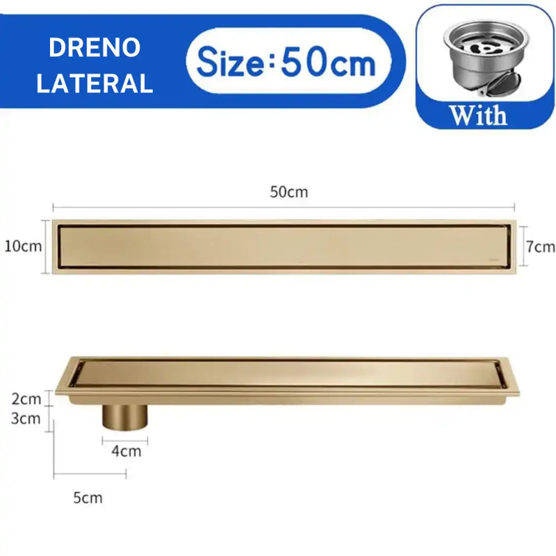 A Fazer Ralo De Piso Oculto Linear Inox Completo Mirage Ouro Escovado/50Cm Dreno Lateral / Entrega