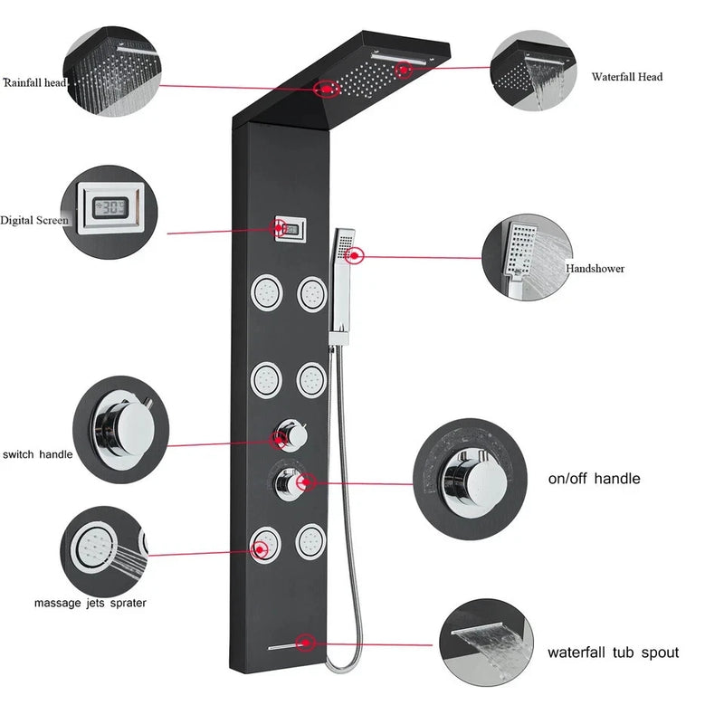 Black Shower Panel Tower System Mssage Body Jet Faucet Mixer Tap Stainless Steel|205651858557