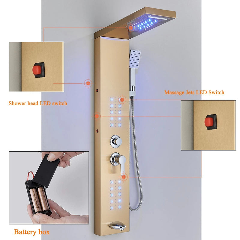 LED Rain Waterfall Shower Panel Tower System Stainless steel Body Massage Column|365778383351