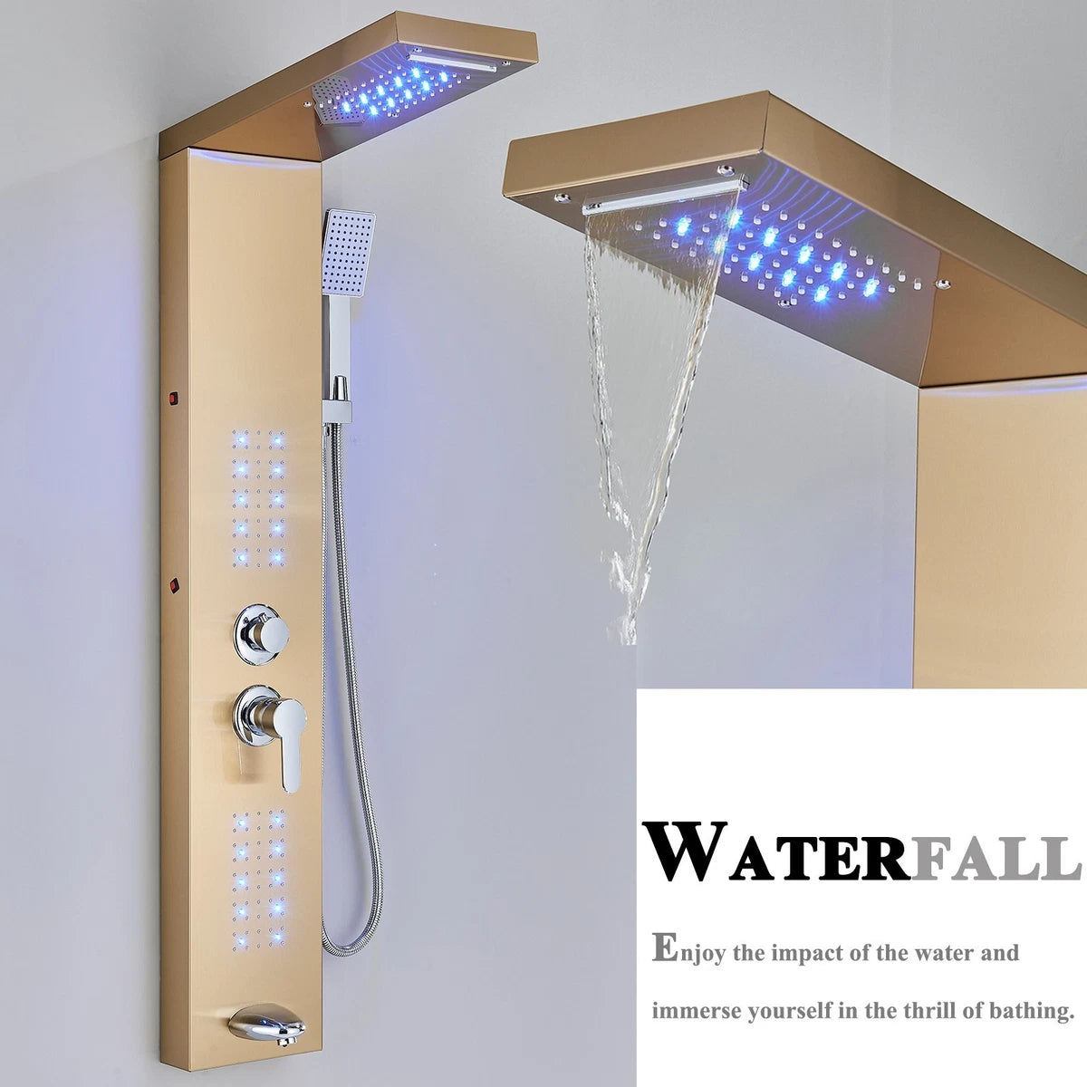 LED Rain Waterfall Shower Panel Tower System Stainless steel Body Massage Column|365778383351